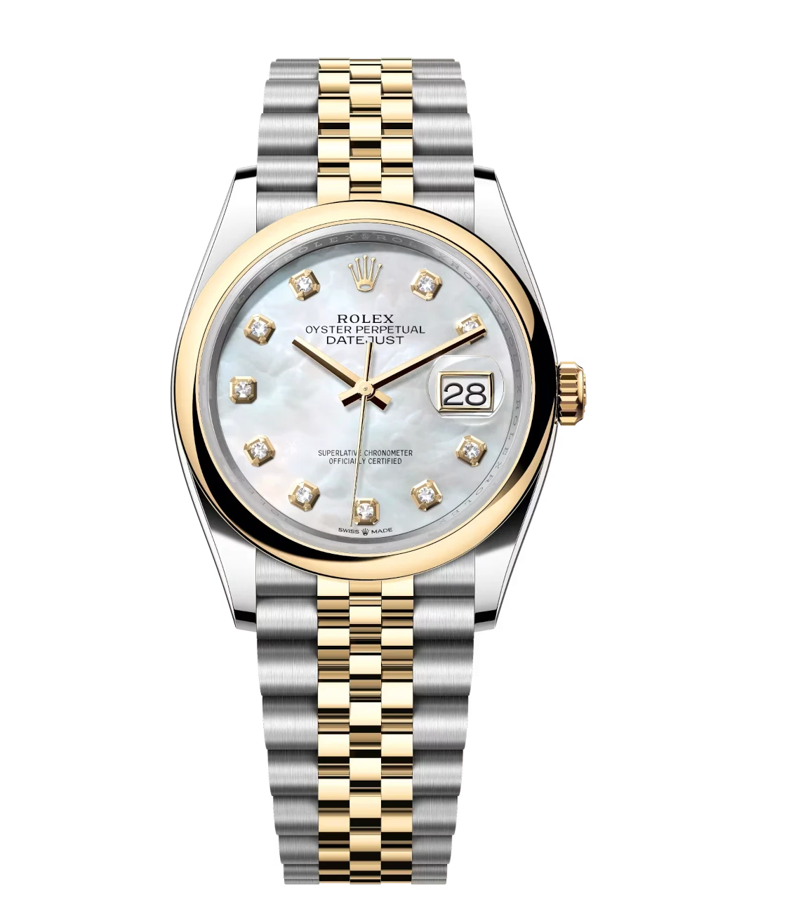 Rolex Lady-Datejust 28 Oyster Perpetual Oystersteel and yellow gold white mother-of-pearl, diamond-set dial Jubilee band Reference 279163 1 Rolex Lady-Datejust 28 Oyster Perpetual Oystersteel and yellow gold white mother-of-pearl, diamond-set dial Jubilee band Reference 279163