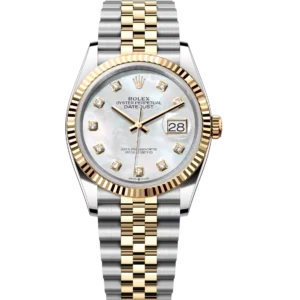 This Oyster Perpetual Datejust in Oystersteel and yellow gold features a white mother-of-pearl, diamond-set dial and a Jubilee band.