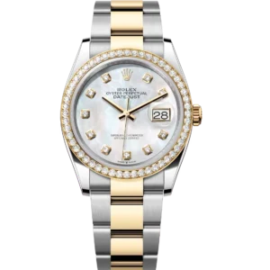 Rolex Datejust 36 Oyster Perpetual Oystersteel and yellow gold white mother-of-pearl, diamond-set dial Oyster band Reference 126283RBR