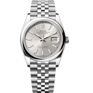 This Oyster Perpetual Datejust 31 in Oystersteel features a silver dial and a Jubilee band.