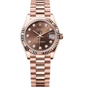 Rolex Datejust 31 Oyster Perpetual 18 ct Everose gold chocolate, diamond-set dial President band Reference 278275