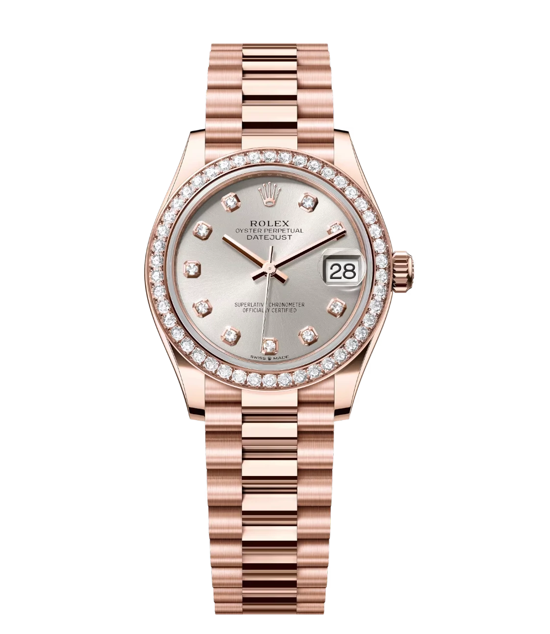 Rolex Datejust 31 Oyster Perpetual 18 ct Everose gold features a silver diamond-set dial President band Reference 278285RBR 1 This Oyster Perpetual Datejust 31 in 18 ct Everose gold features a silver, diamond-set dial and a President band.