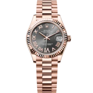 This Oyster Perpetual Datejust 31 in 18 ct Everose gold features a slate, diamond-set dial and a President band.
