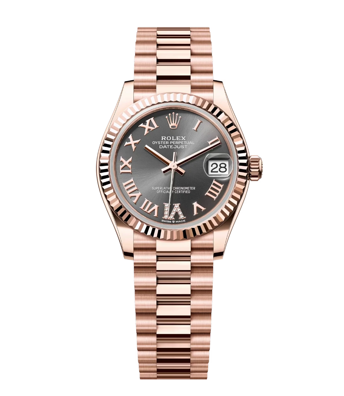 Rolex Datejust 31 Oyster Perpetual 18 ct Everose gold slate, diamond-set dial President band Reference 278275 1 This Oyster Perpetual Datejust 31 in 18 ct Everose gold features a slate, diamond-set dial and a President band.
