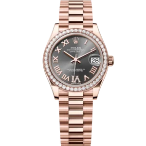 This Oyster Perpetual Datejust 31 in 18 ct Everose gold features a slate, diamond-set dial and a President bracelet.
