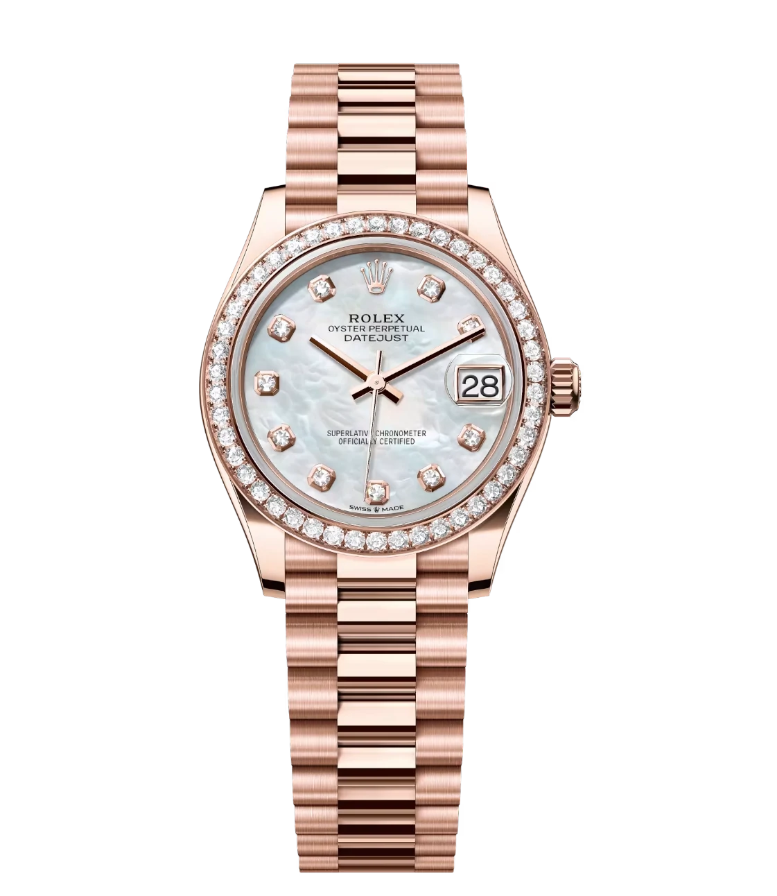 Rolex Datejust 31 Oyster Perpetual 18 ct Everose gold white mother-of-pearl, diamond-set dial President band Reference 278285RBR 1 This Oyster Perpetual Datejust 31 in 18 ct Everose gold features a white mother-of-pearl, diamond-set dial and a President band.