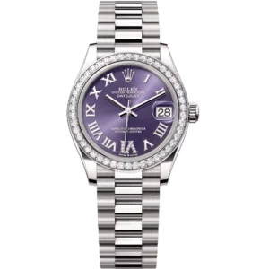 This Oyster Perpetual Datejust 31 in 18 ct white gold features an aubergine, diamond-set dial and a President band.