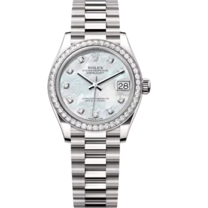 Rolex Datejust 31 Oyster Perpetual 18 ct white gold white mother-of-pearl, diamond-set dial President band Reference 278289RBR