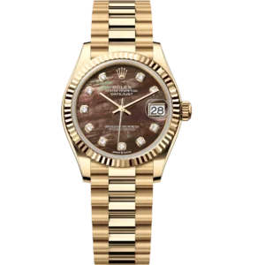 Rolex Datejust 31 Oyster Perpetual 18 ct yellow gold black mother-of-pearl, diamond-set dial President band Reference 278278