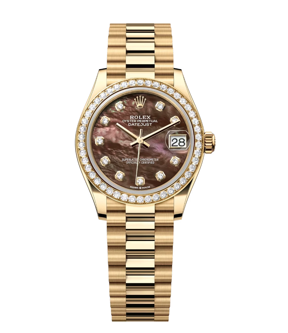 Rolex Datejust 31 Oyster Perpetual 18 ct yellow gold black mother-of-pearl, diamond-set dial President band Reference 278288RBR 1 This Oyster Perpetual Datejust 31 in 18 ct yellow gold features a black mother-of-pearl, diamond-set dial and a President band.
