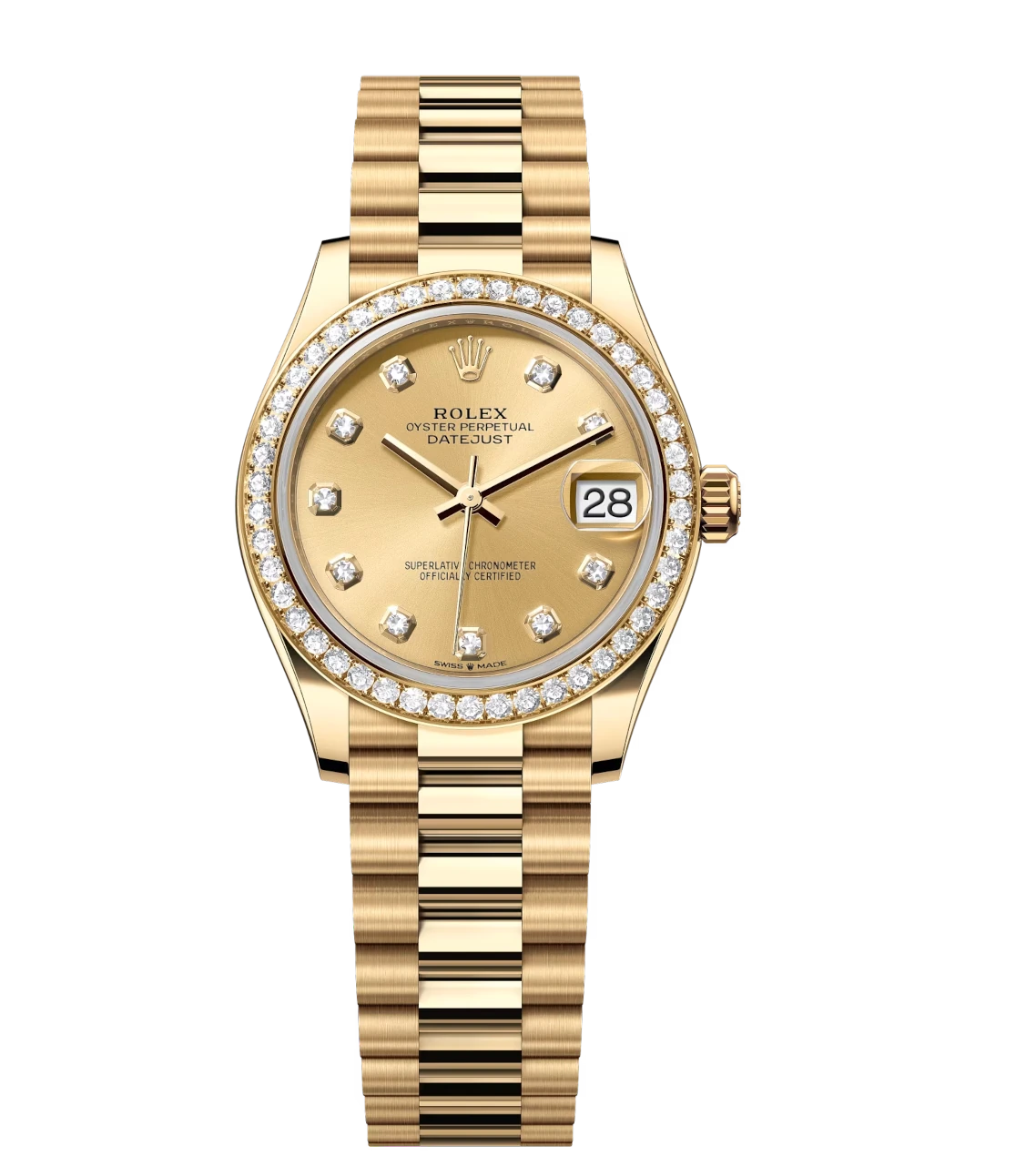 Rolex Datejust 31 Oyster Perpetual 18 ct yellow gold champagne colour, diamond-set dial President band Reference 278288RBR 1 Rolex Datejust 31 Oyster Perpetual 18 ct yellow gold champagne colour, diamond-set dial President band Reference 278288RBR