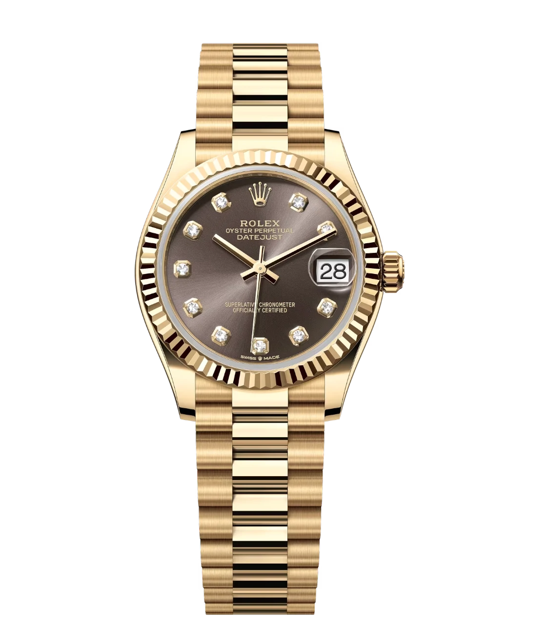 Rolex Datejust 31 Oyster Perpetual 18 ct yellow gold dark grey, diamond-set dial President band Reference 278278 1 This Oyster Perpetual Datejust 31 in 18 ct yellow gold features a dark grey, diamond-set dial and a President band.