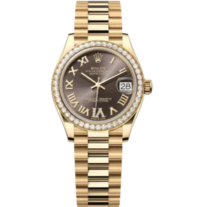 This Oyster Perpetual Datejust 31 in 18 ct yellow gold features a dark grey, diamond-set dial and a President band.