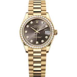 This Oyster Perpetual Datejust 31 in 18 ct yellow gold features a dark grey, diamond-set dial and a President band.