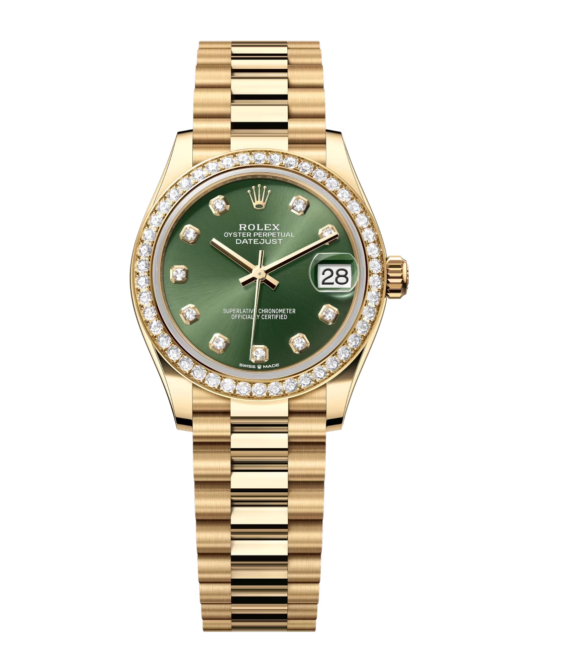 Rolex Datejust 31 Oyster Perpetual 18 ct yellow gold olive-green, diamond-set dial President band Reference 278288RBR 1 Rolex Datejust 31 Oyster Perpetual 18 ct yellow gold olive-green, diamond-set dial President band Reference 278288RBR
