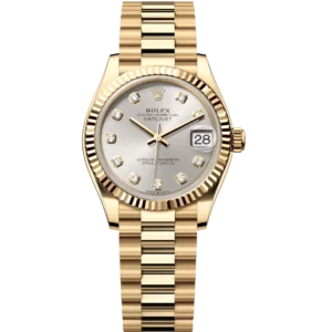 This Oyster Perpetual Datejust 31 in 18 ct yellow gold features a silver, diamond-set dial and a President band.
