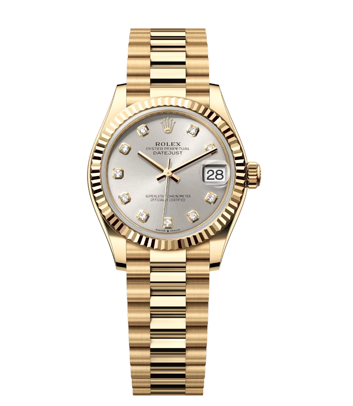 Rolex Datejust 31 Oyster Perpetual 18 ct yellow gold silver, diamond-set dial President band Reference 278278 1 This Oyster Perpetual Datejust 31 in 18 ct yellow gold features a silver, diamond-set dial and a President band.