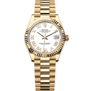 This Oyster Perpetual Datejust 31 in 18 ct yellow gold features a white dial and a President band.