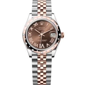 This Oyster Perpetual Datejust 31 in Oystersteel and Everose gold features a chocolate, diamond-set dial and a Jubilee band.