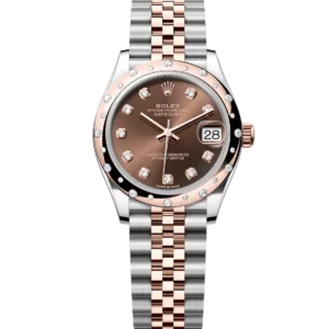 This Oyster Perpetual Datejust 31 in Oystersteel and Everose gold features a chocolate, diamond-set dial and a Jubilee bracelet.