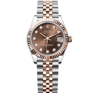 This Oyster Perpetual Datejust 31 in Oystersteel and Everose gold features a chocolate, diamond-set dial and a Jubilee band.