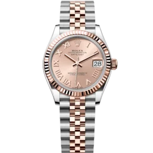 This Oyster Perpetual Datejust 31 in Oystersteel and Everose gold features a rosé-colour dial and a Jubilee band.