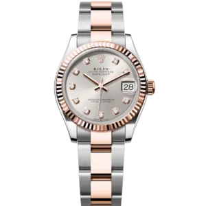 This Oyster Perpetual Datejust 31 in Oystersteel and Everose gold features a silver, diamond-set dial and an Oyster band.