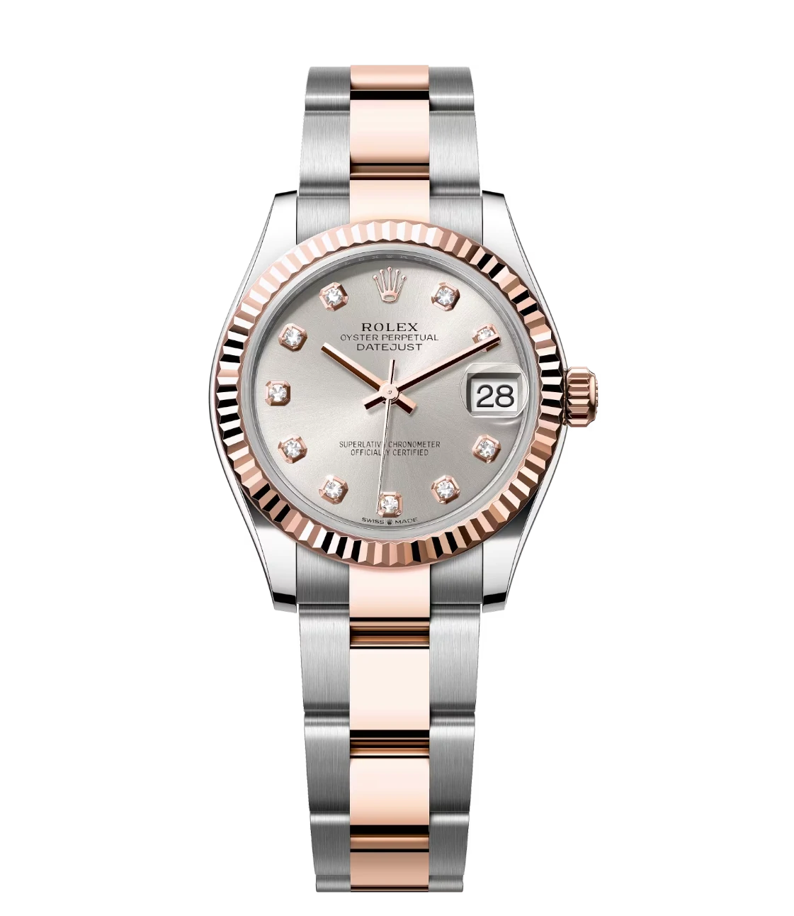 Rolex Datejust 31 Oyster Perpetual Oystersteel and Everose gold silver, diamond-set dial Oyster band Reference 278271 1 This Oyster Perpetual Datejust 31 in Oystersteel and Everose gold features a silver, diamond-set dial and an Oyster band.