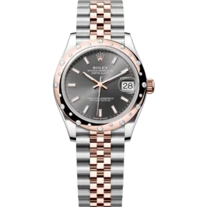 This Oyster Perpetual Datejust 31 in Oystersteel and Everose gold features a slate dial and a Jubilee band.