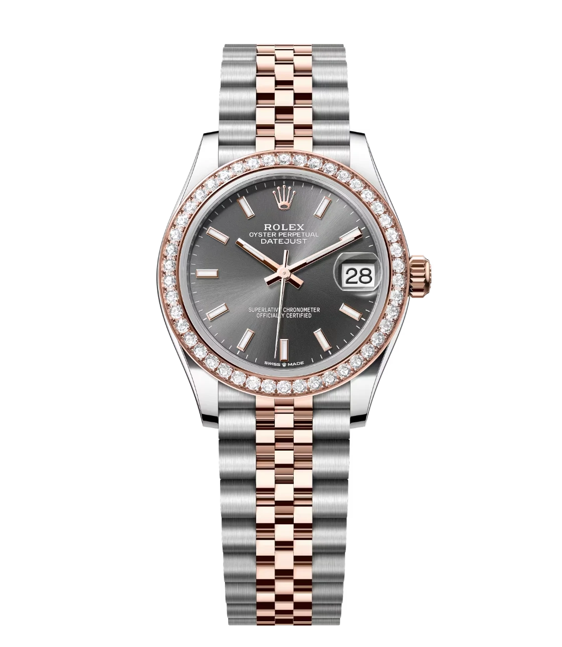 Rolex Datejust 31 Oyster Perpetual Oystersteel and Everose gold slate dial Jubilee band Reference 278381RBR 1 This Oyster Perpetual Datejust 31 in Oystersteel and Everose gold features a slate dial and a Jubilee band.
