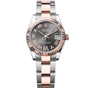 This Oyster Perpetual Datejust 31 in Oystersteel and Everose gold features a slate, diamond-set dial and an Oyster band.