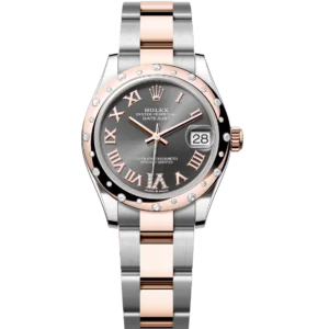 This Oyster Perpetual Datejust 31 in Oystersteel and Everose gold features a slate, diamond-set dial and an Oyster band.
