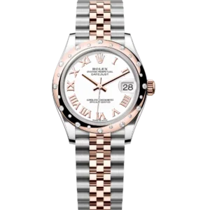 This Oyster Perpetual Datejust 31 in Oystersteel and Everose gold features a white dial and a Jubilee band.