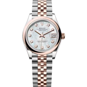 This Oyster Perpetual Datejust 31 in Oystersteel and Everose gold features a white mother-of-pearl, diamond-set dial and a Jubilee band.