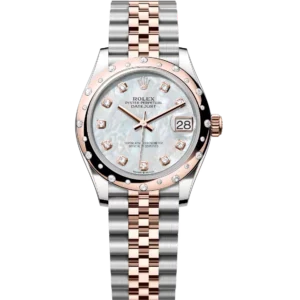 This Oyster Perpetual Datejust 31 in Oystersteel and Everose gold features a white mother-of-pearl, diamond-set dial and a Jubilee band.