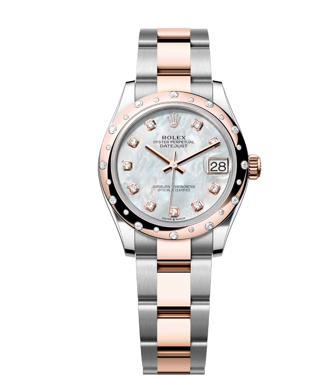 Rolex Datejust 31 Oyster Perpetual Oystersteel and Everose gold white mother-of-pearl, diamond-set dial Oyster band Reference 278341RBR 1 Datejust 31 Oyster, 31mm, Oystersteel, Everose gold and diamonds Reference 278341RBR