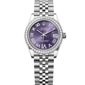 This Oyster Perpetual Datejust 31 in Oystersteel and white gold features an aubergine, diamond-set dial and a Jubilee band