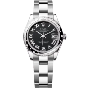 This Oyster Perpetual Datejust 31 in Oystersteel and white gold features a bright black dial and an Oyster band.