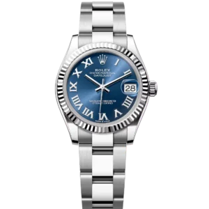 This Oyster Perpetual Datejust 31 in Oystersteel and white gold features a bright blue dial and an Oyster band.