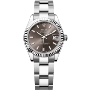 This Oyster Perpetual Datejust 31 in Oystersteel and white gold features a dark grey dial and an Oyster band.