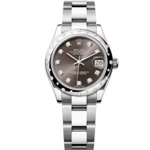 This Oyster Perpetual Datejust 31 in Oystersteel and white gold features a dark grey, diamond-set dial and an Oyster bracelet.