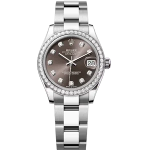 This Oyster Perpetual Datejust 31 in Oystersteel and white gold features a dark grey, diamond-set dial and an Oyster band.