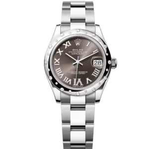 This Oyster Perpetual Datejust 31 in Oystersteel and white gold features a dark grey, diamond-set dial and an Oyster bracelet.