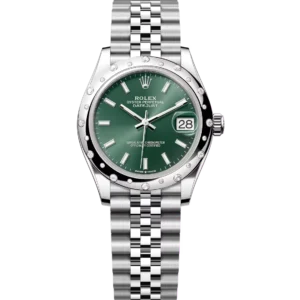 This Oyster Perpetual Datejust 31 in Oystersteel and white gold features a mint green dial and a Jubilee band.