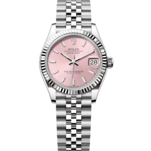 This Oyster Perpetual Datejust 31 in Oystersteel and white gold features a pink dial and a Jubilee band.