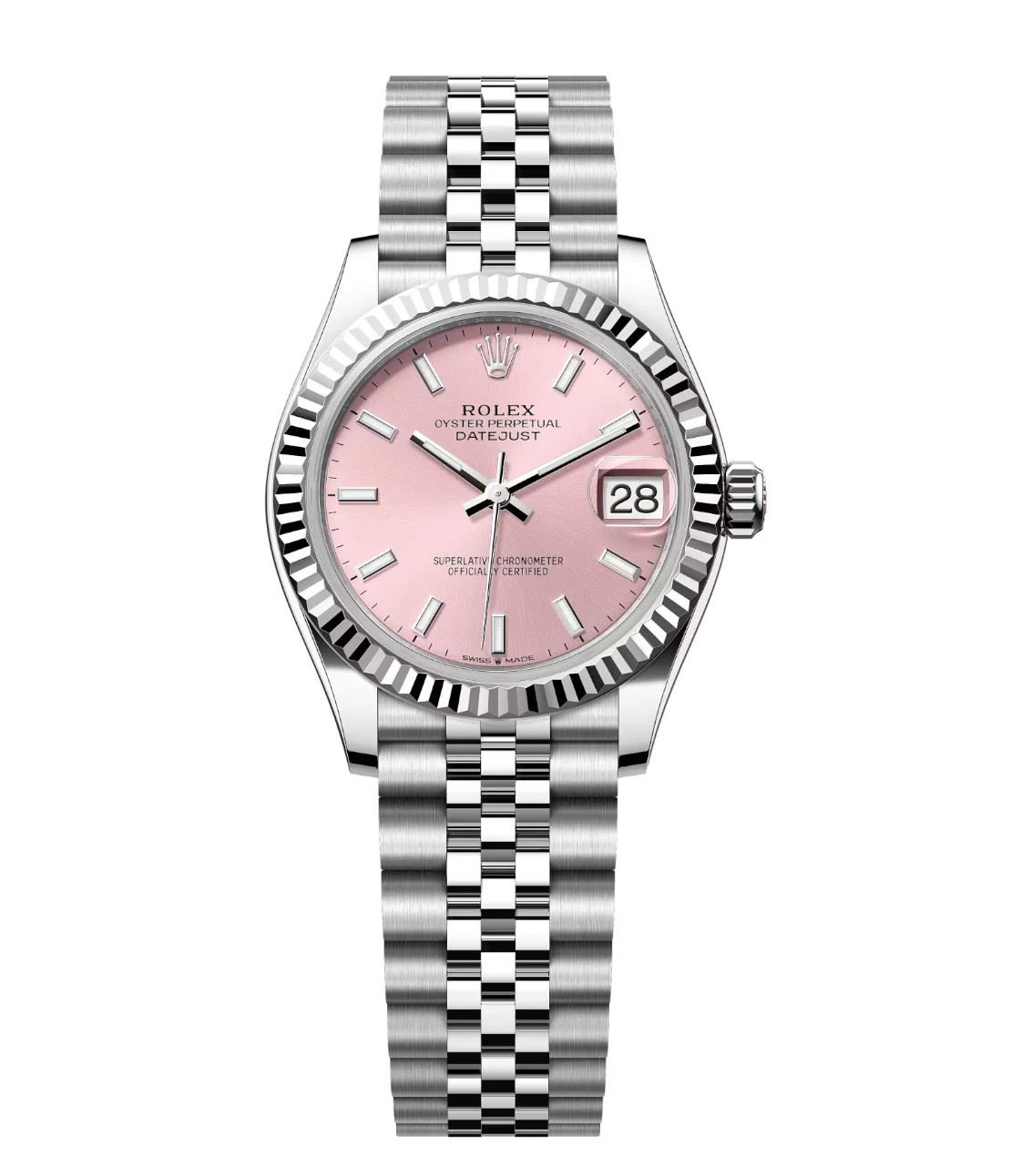 Rolex Lady-Datejust 28 Oyster Perpetual Oystersteel and white gold pink dial Jubilee band Reference 279174 1 This Oyster Perpetual Datejust 31 in Oystersteel and white gold features a pink dial and a Jubilee band.