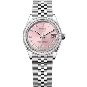 This Oyster Perpetual Datejust 31 in Oystersteel and white gold features a pink, diamond-set dial and a Jubilee band.