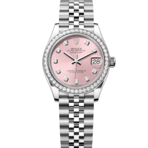 This Oyster Perpetual Datejust 31 in Oystersteel and white gold features a pink, diamond-set dial and a Jubilee bracelet.