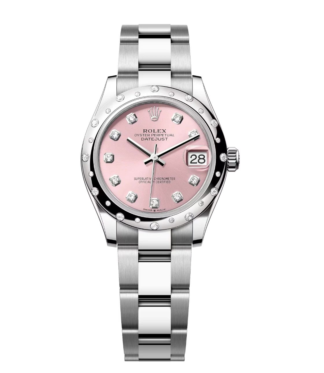 Rolex Datejust 31 Oyster Perpetual Oystersteel and white gold pink, diamond-set dial Oyster band Reference 278344RBR 1 This Oyster Perpetual Datejust 31 in Oystersteel and yellow gold features a dark grey, diamond-set dial and a Jubilee band.