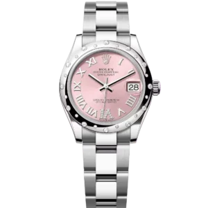 This Oyster Perpetual Datejust 31 in Oystersteel and white gold features a pink, diamond-set dial and an Oyster band.